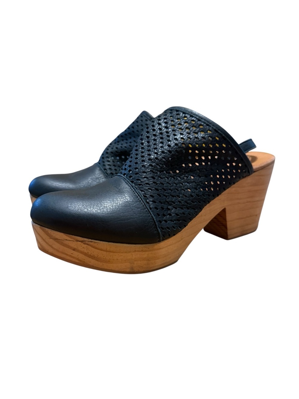 Free People Logan Perforated Black Leather Wood Platform Clogs Size 40/US 9
